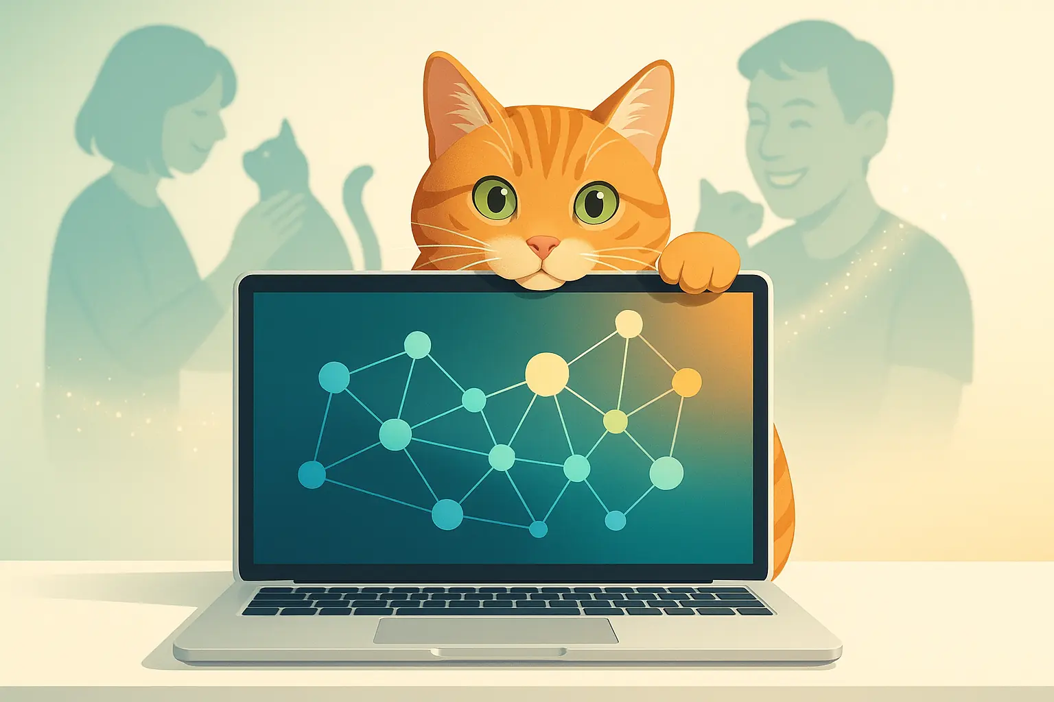 Welcoming collage: friendly cat, stylized data, diverse happy owners, illustrating Cat Litter Hub's community insights.