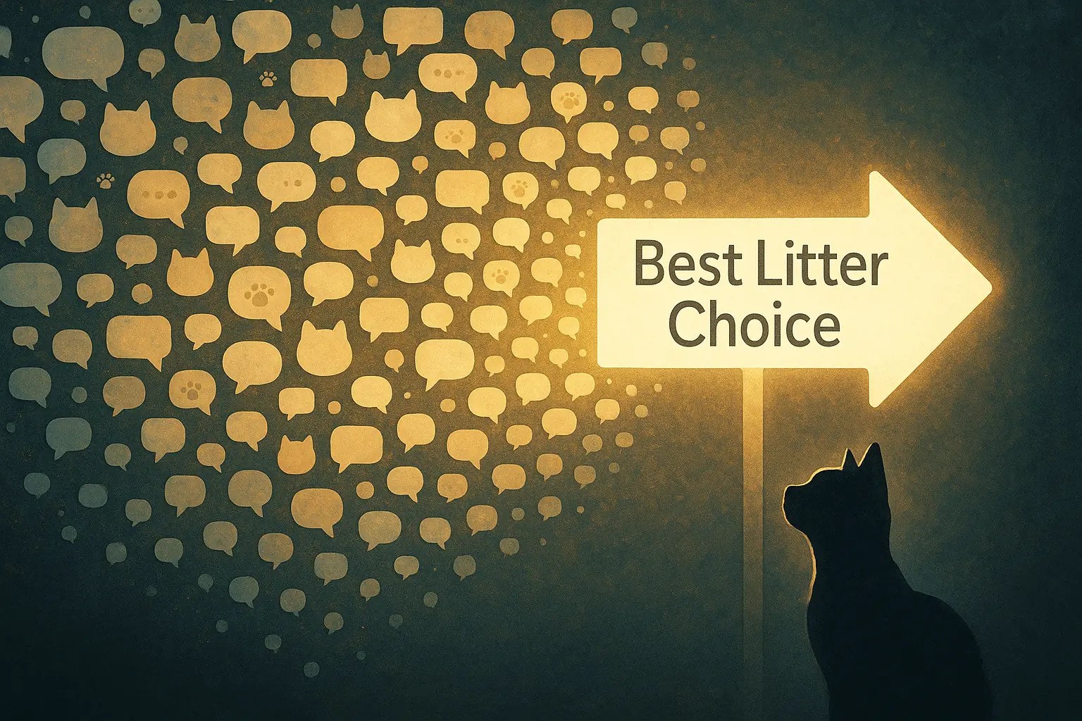 Collective speech bubbles form a bright lightbulb, lighting the way to 'Best Litter Choice,' with cat motifs.