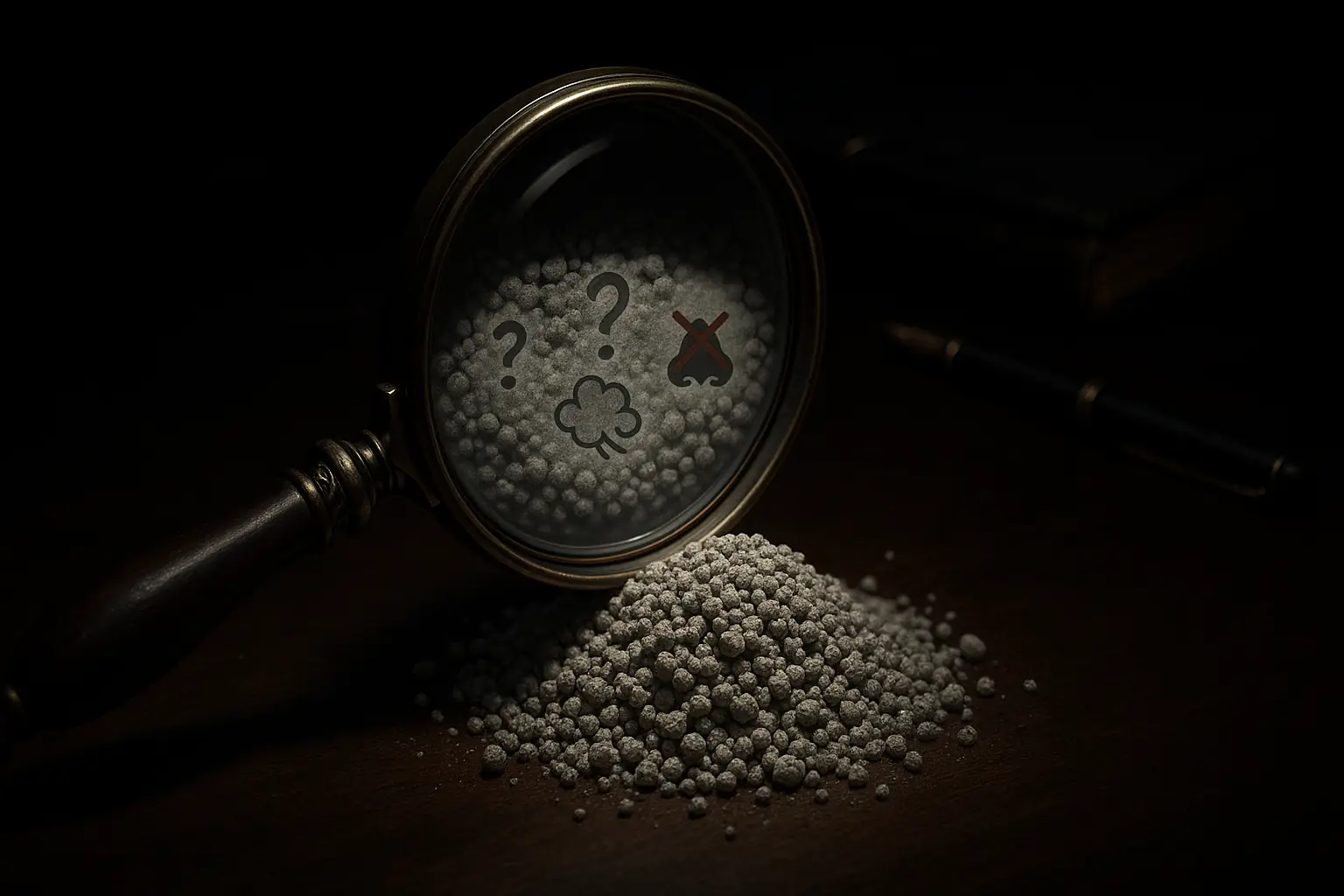 Magnifying glass uncovers hidden symbols in cat litter, investigating litter claims to reveal the real scoop.