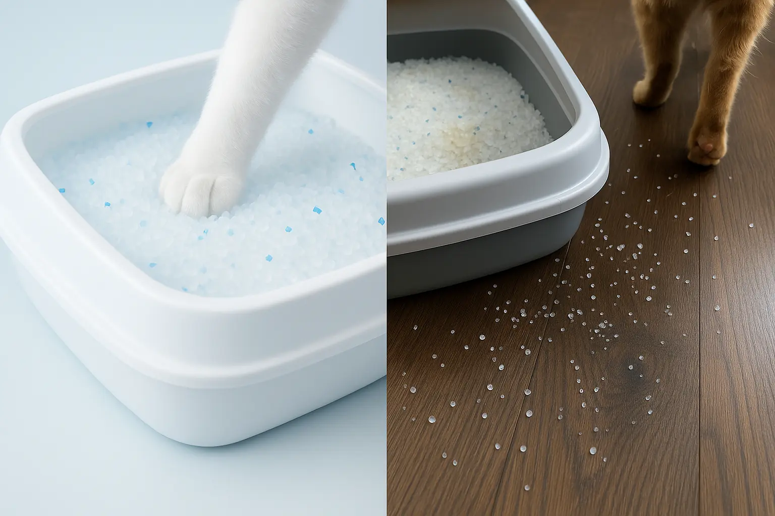 Split view: Perfect litter ad vs. real user photo with common issues, exposing material deceptions.