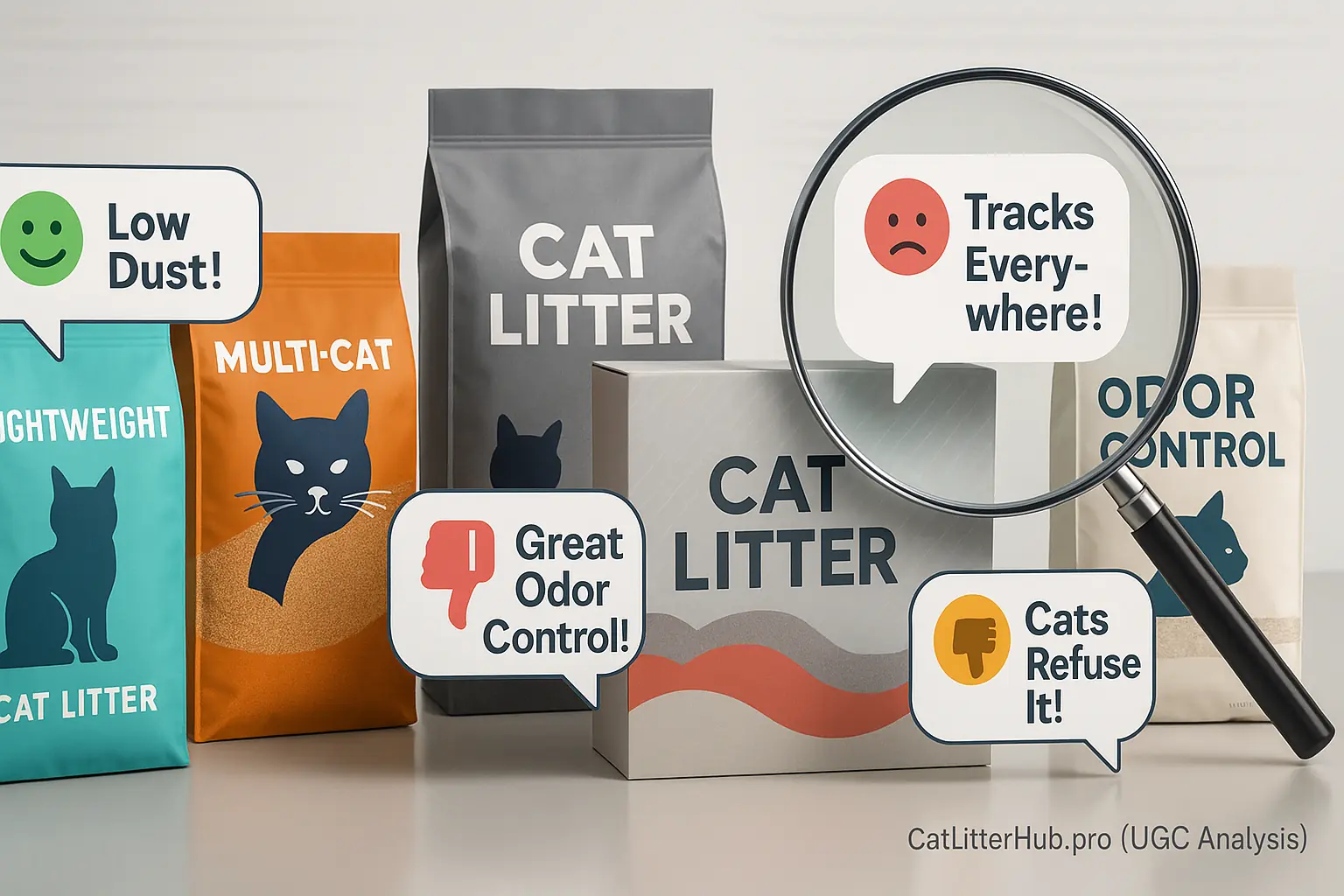 Top cat litter brands with speech bubbles exposing positive and negative user reviews.