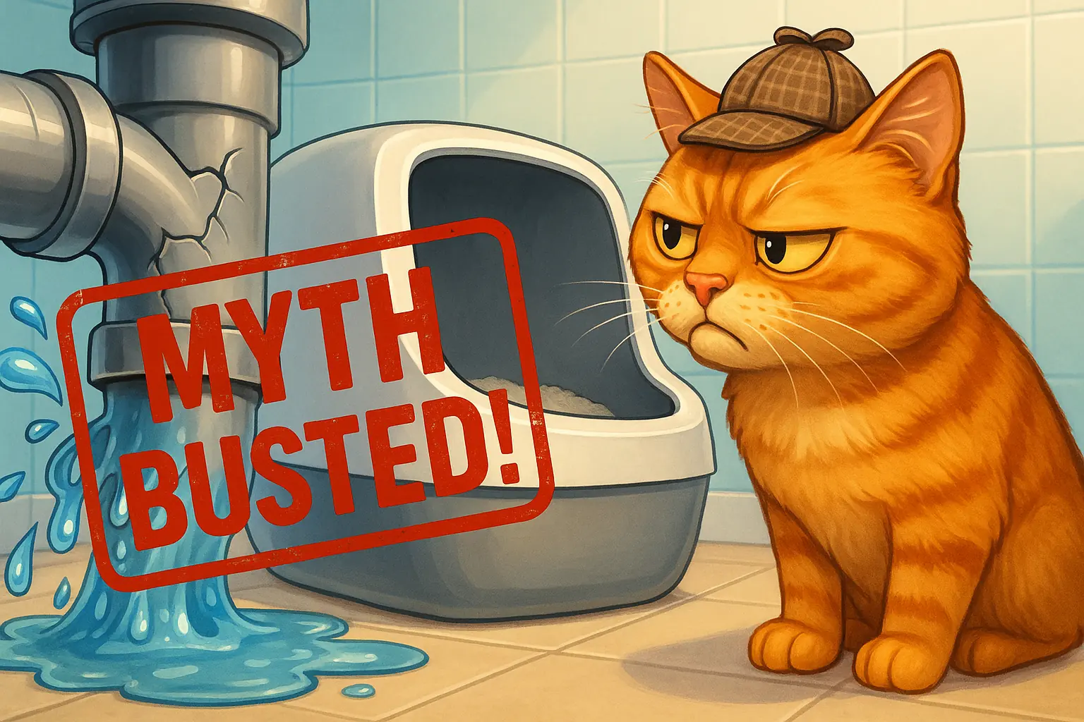 Skeptical cat by litter box with &#x27;myth busted&#x27; stamp, debunking common cat litter myths.