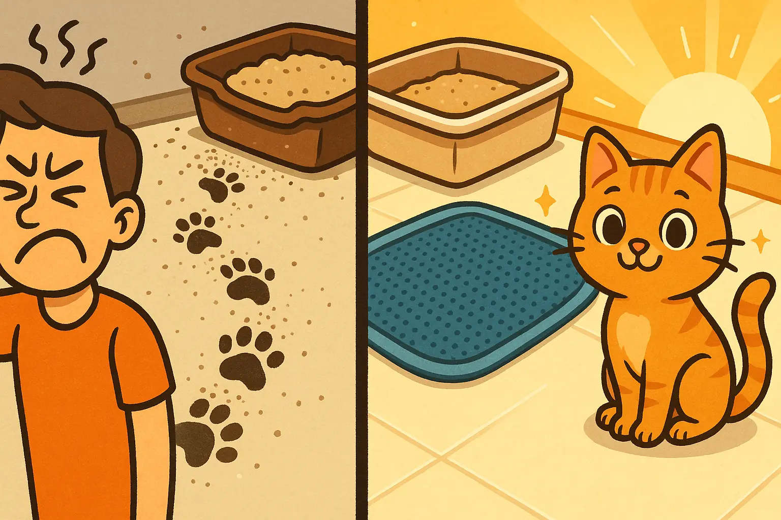 Split panel. Left: frustrating litter tracking. Right: clean floor, happy cat, effective litter mat.
