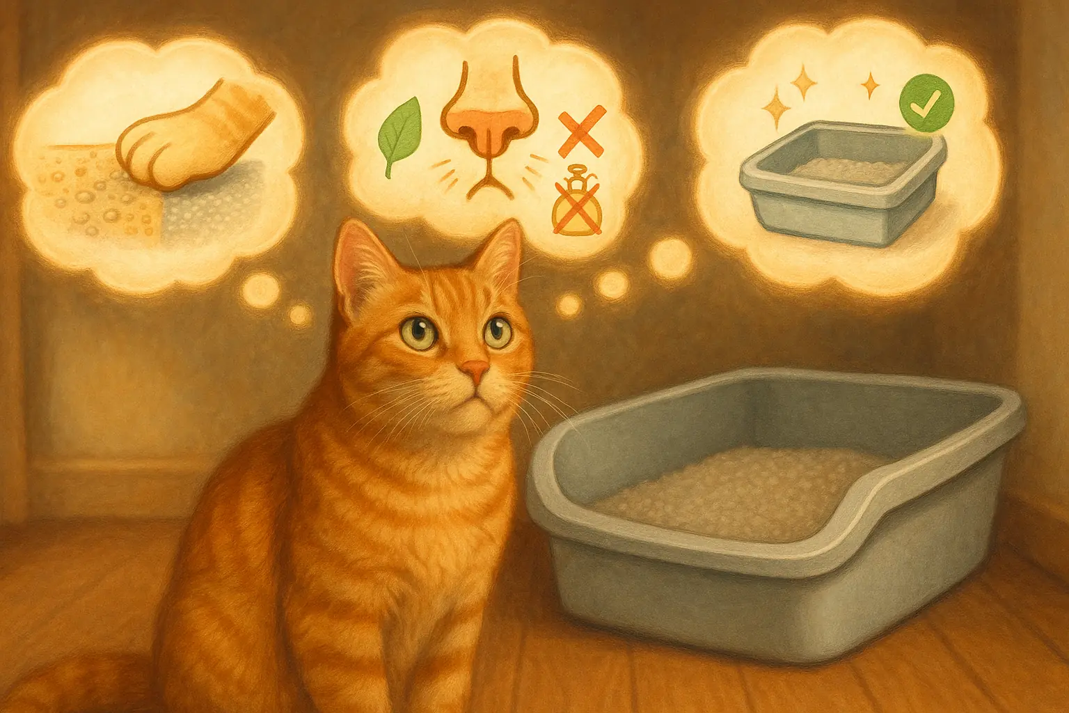 Thoughtful cat by litter box considers preferences: texture, scent, cleanliness, via icons in thought bubbles.