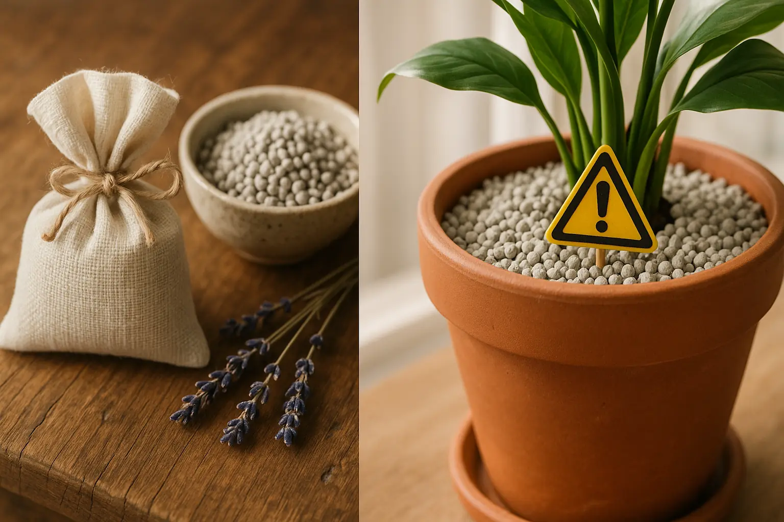 Collage of surprising cat litter uses: absorbing oil, in plant pot with caution symbol, DIY deodorizer sachet.