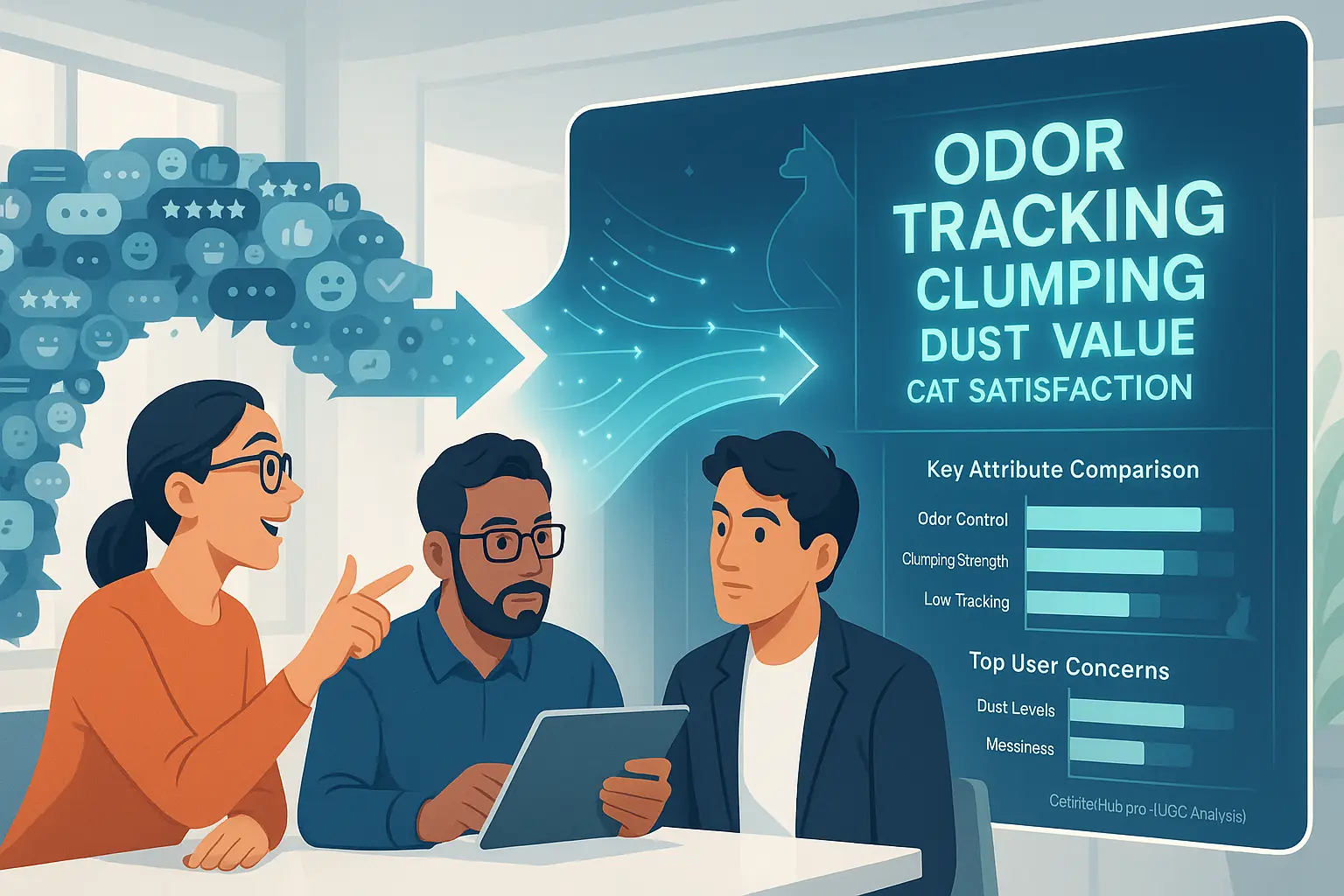 Stylized diverse team collaborating in a bright office, one points to screen with feline data charts, 'odor' & 'tracking'.