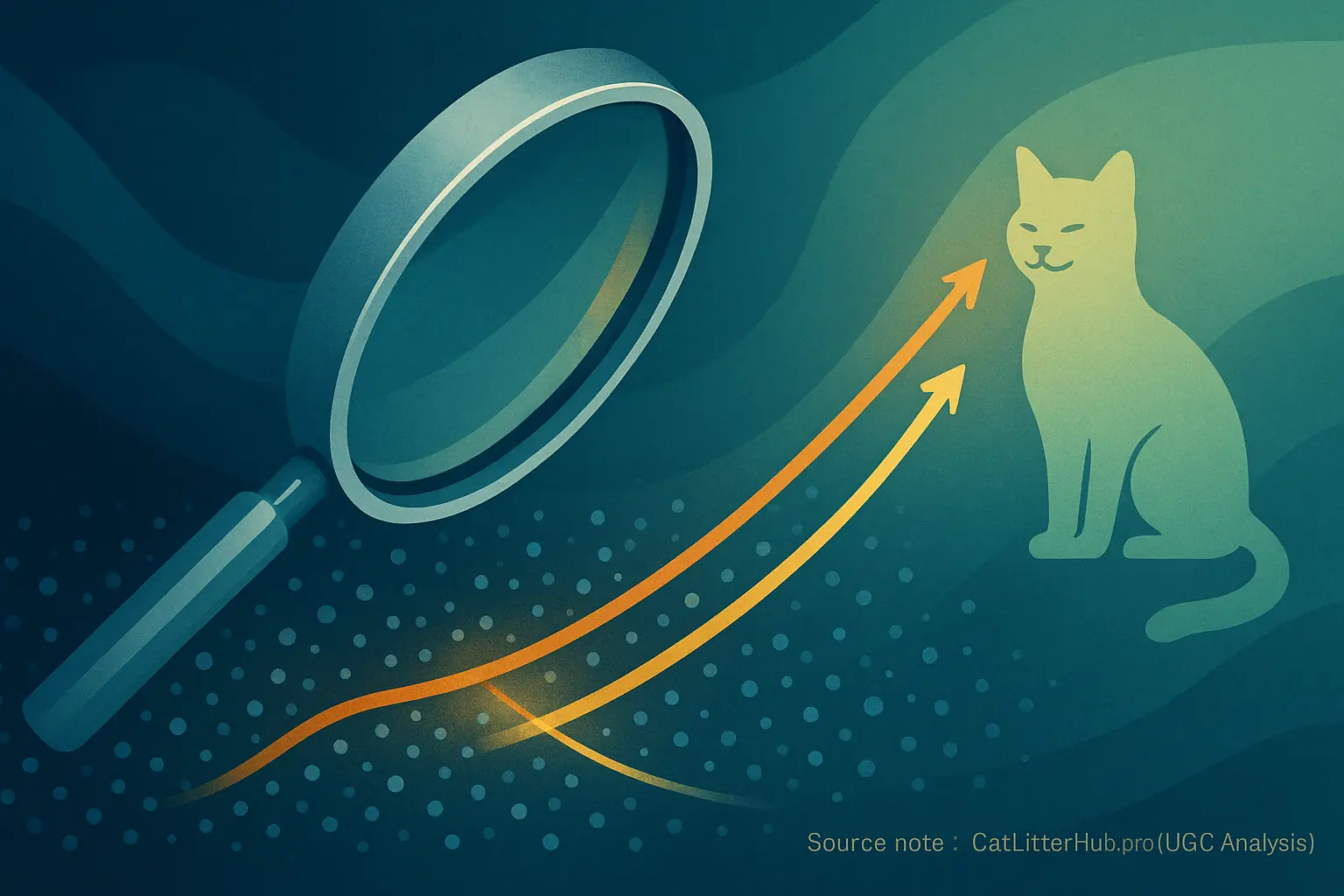 Stylized magnifying glass on UGC scatter plot; insightful trend lines emerge, leading to a happy cat silhouette.