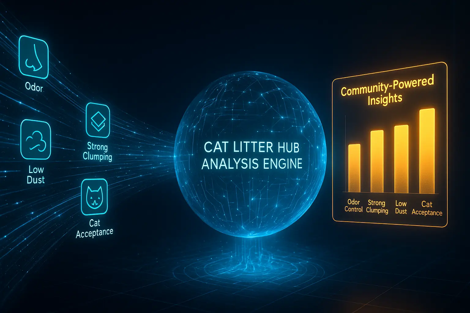 User reviews and email icons stream into a Cat Litter Hub, which analyzes them to produce community-driven charts and