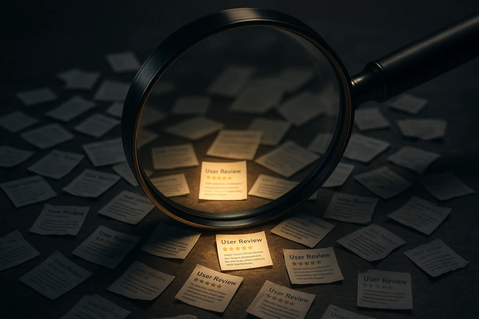 Magnifying glass filters user reviews, revealing glowing insights from dim noise, showing our user-driven hype-cutting