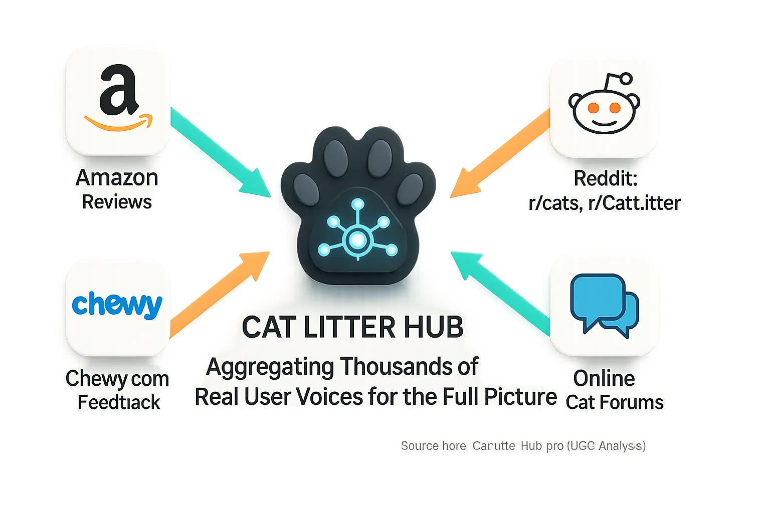 Infographic: 'Cat Litter Hub' centralizes user intelligence, fed by arrows from Amazon, Chewy, Reddit, & forums.
