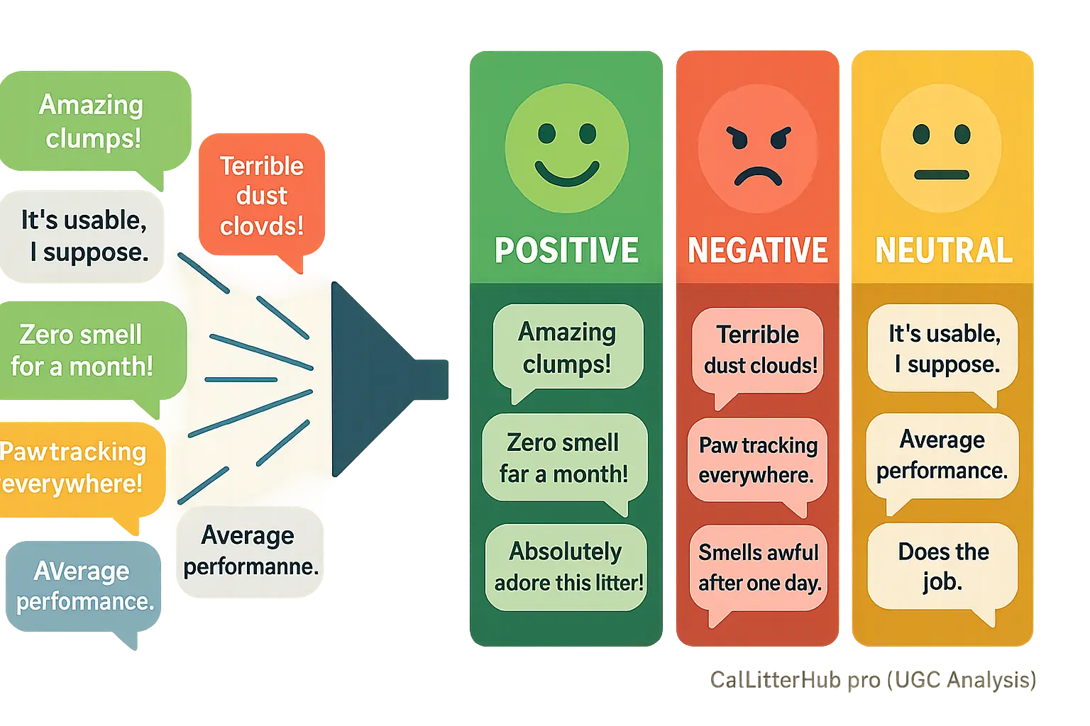 Text snippets sorted for sentiment analysis into Positive, Negative, Neutral bins or iconic categories.