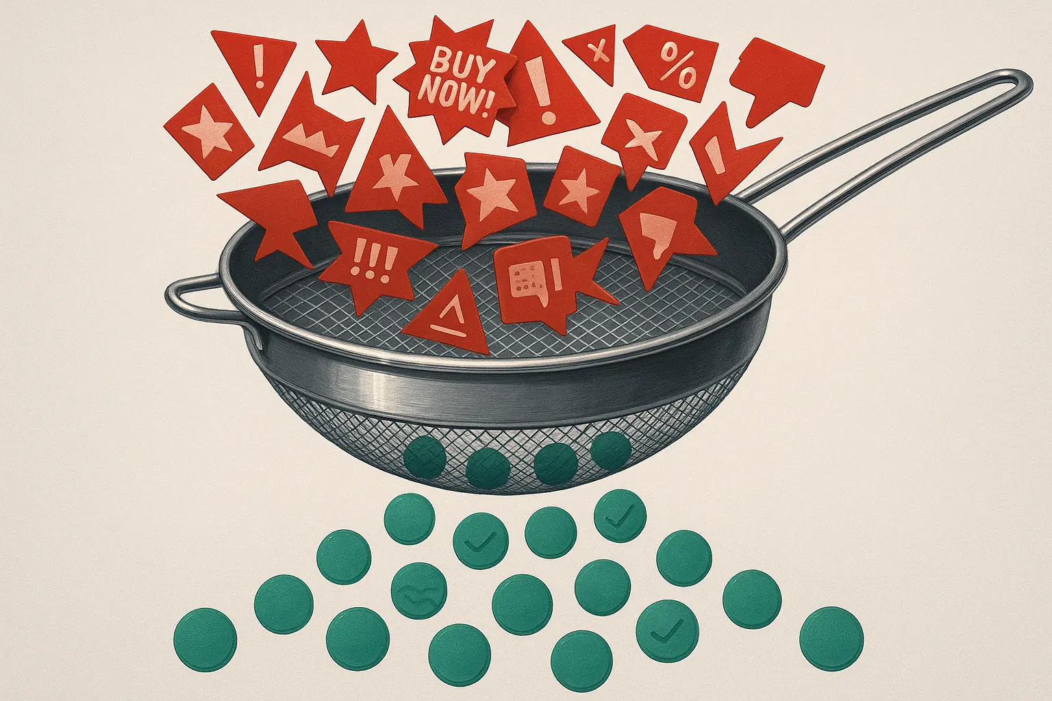Sieve catches red, jagged biased/fake reviews; green, smooth authentic reviews pass, showing how we keep reviews real.