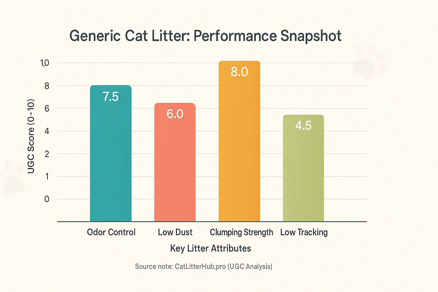 Conceptual chart visualizing UGC scores for a generic litter's Odor Control, Low Dust, Clumping performance.