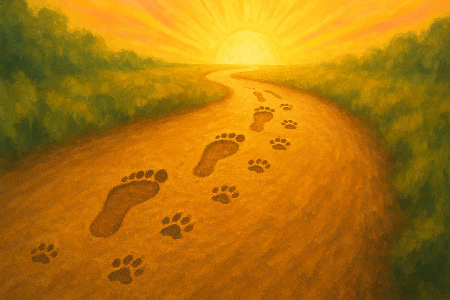Path with human and cat paw prints to a bright horizon, representing a shared journey of evolution.