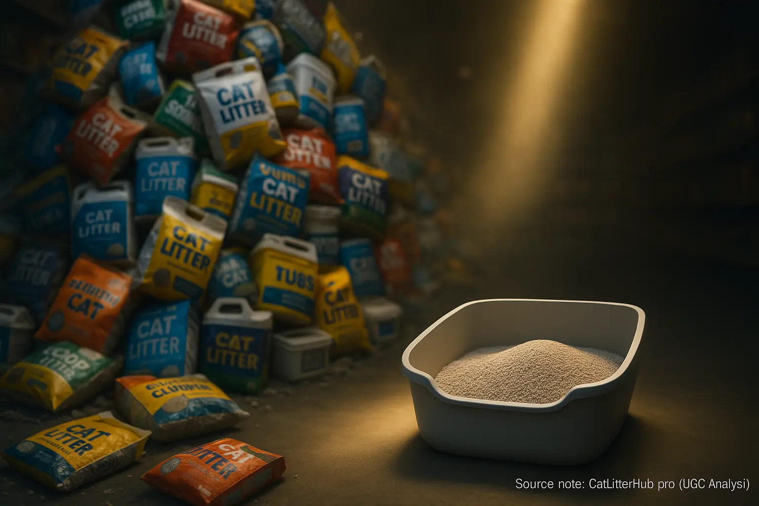 Clear path through chaotic litter bags reveals an ideal litter box, bringing clarity to confusing choices.