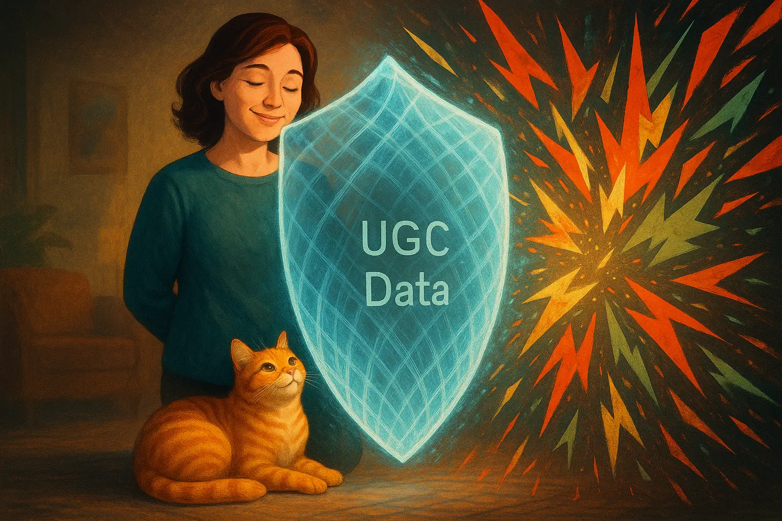 A transparent, stylized shield inscribed 'Objectivity' protects a happy cat owner from a barrage of confusing abstract