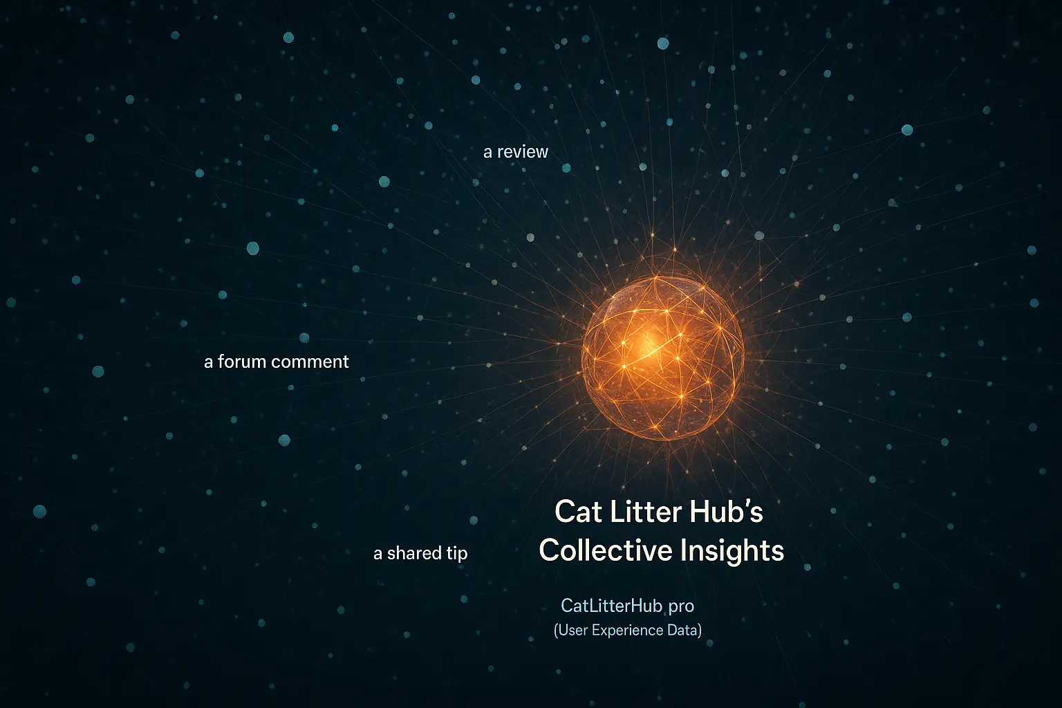 Many small, interconnected nodes representing user experiences coalesce into larger, brighter nodes of collective insight.