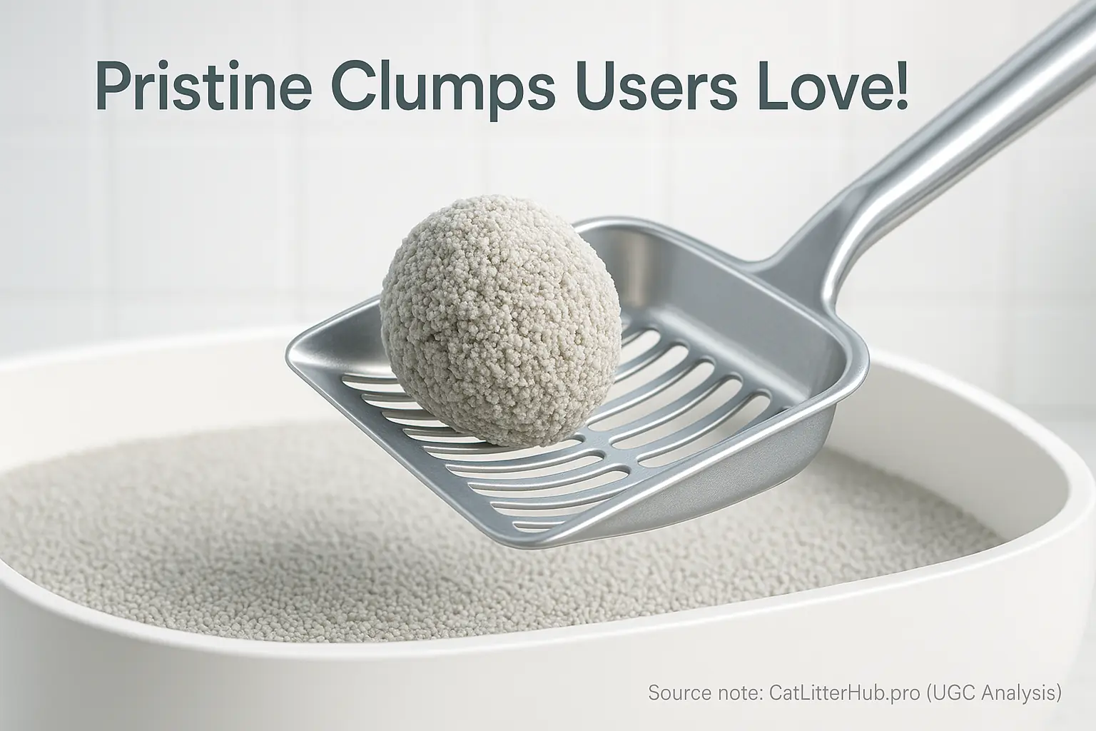 Infographic: Scoop lifts a perfect Boxiecat Pro litter clump, showing its pristine quality and 4.8/5 user clumping rating.