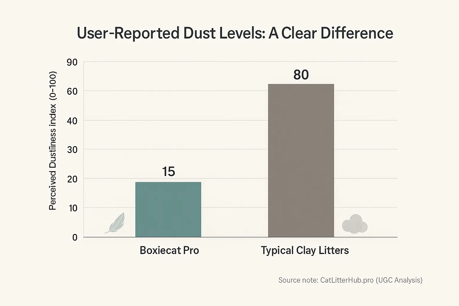 Clean cat paw print, minimal dust, and text 'Low Dust Reports: A User Reality?'.