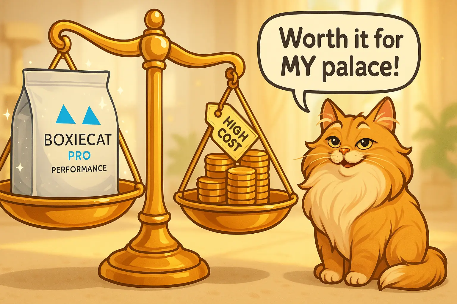 Stylized scale with 'Boxiecat Pro Performance' slightly outweighing 'High Cost'. Cat exclaims, 'Worth it for MY palace!'