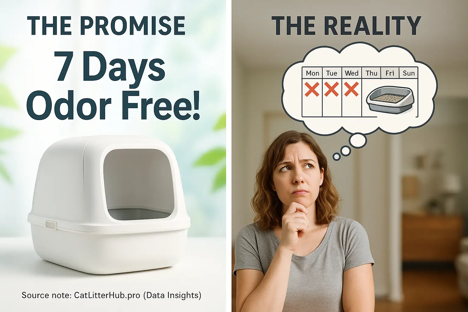 Split panel: Pristine litter box ad '7 Days Odor Free!' vs. owner doubting, thought bubble shows calendar 3-4 days.