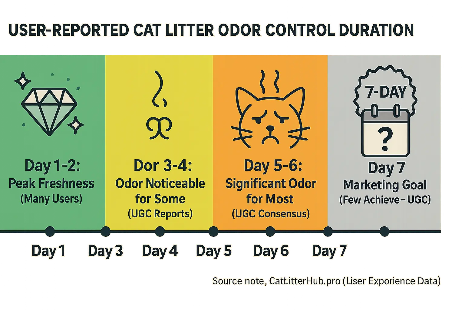 Timeline: User reports show Clump & Seal odor control wanes; most notice odor by Day 5-6, few achieve Day 7 marketing goal.