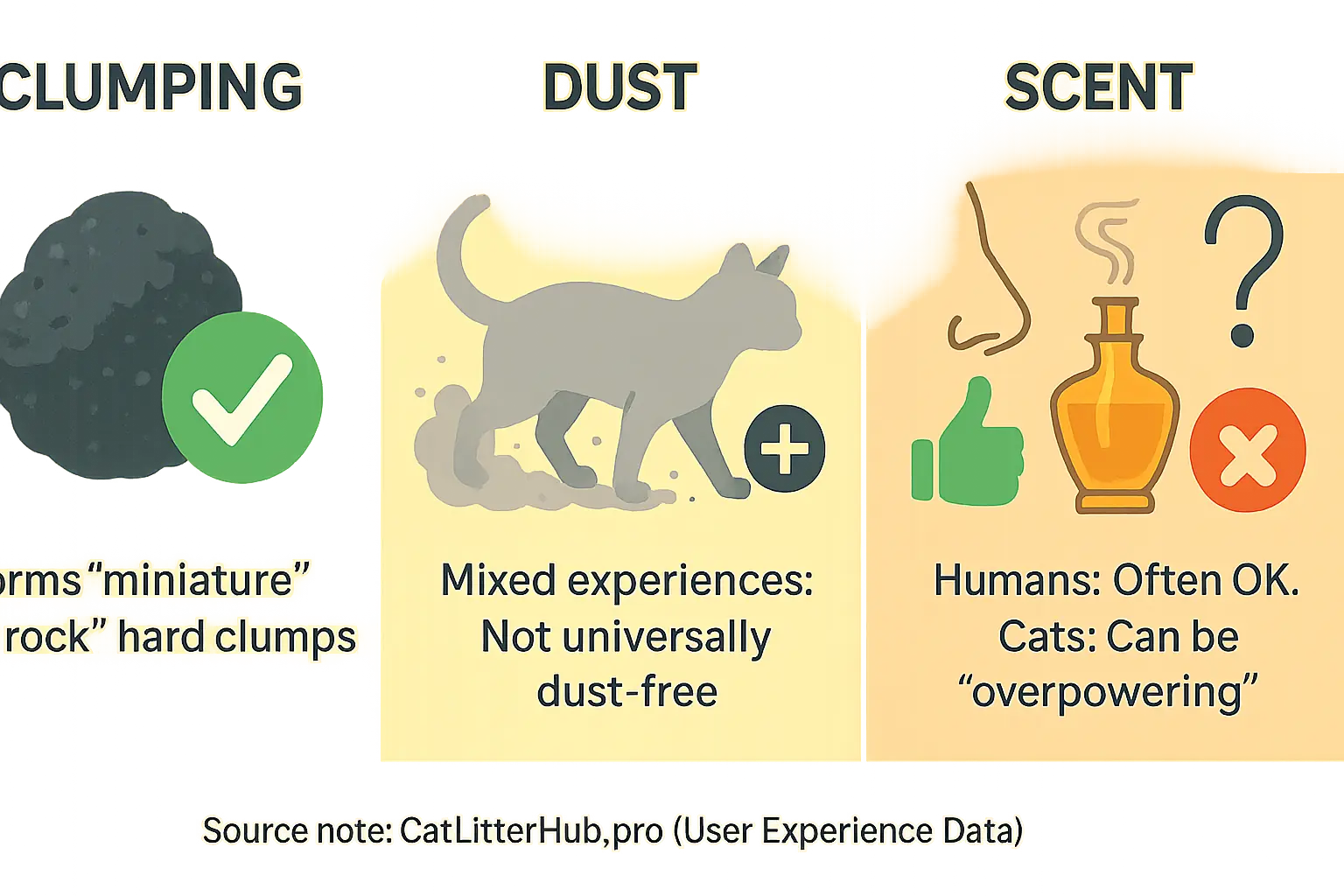 Infographic: Clump & Seal realities: Solid clump (โ), cat & moderate dust (ยฑ), human nose (๐), cat nose (๐/?) to perfume.