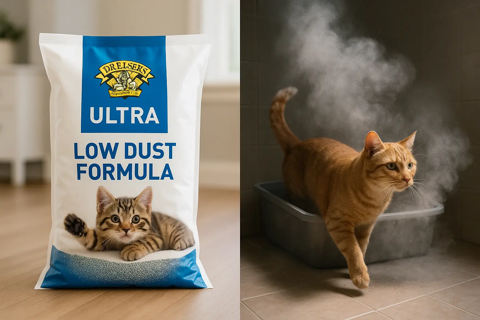 Dr. Elsey's 'Low Dust' bag beside a cat exiting a litter box emitting a surprisingly large dust cloud.