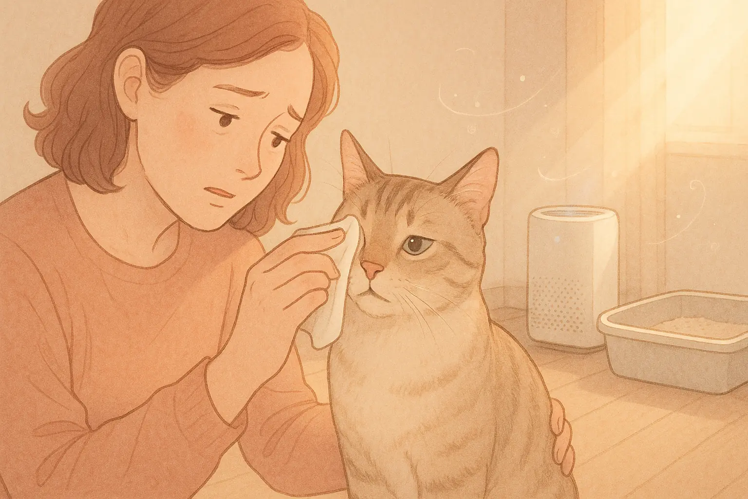 Gentle owner wipes cat's eye; dust motes visible near air purifier and litter box, addressing air quality.