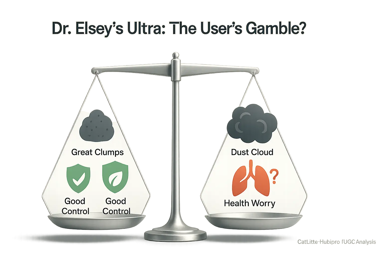 Balance scale for Dr. Elsey's Ultra: Dust/health worries slightly outweigh clumping/odor control, showing the user's gamble.