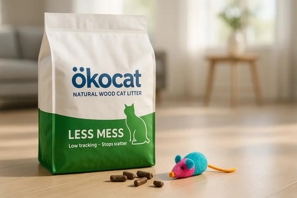 Ökocat 'Less Mess' packaging beside a cat toy and a few stray litter pieces, showing real-world use.