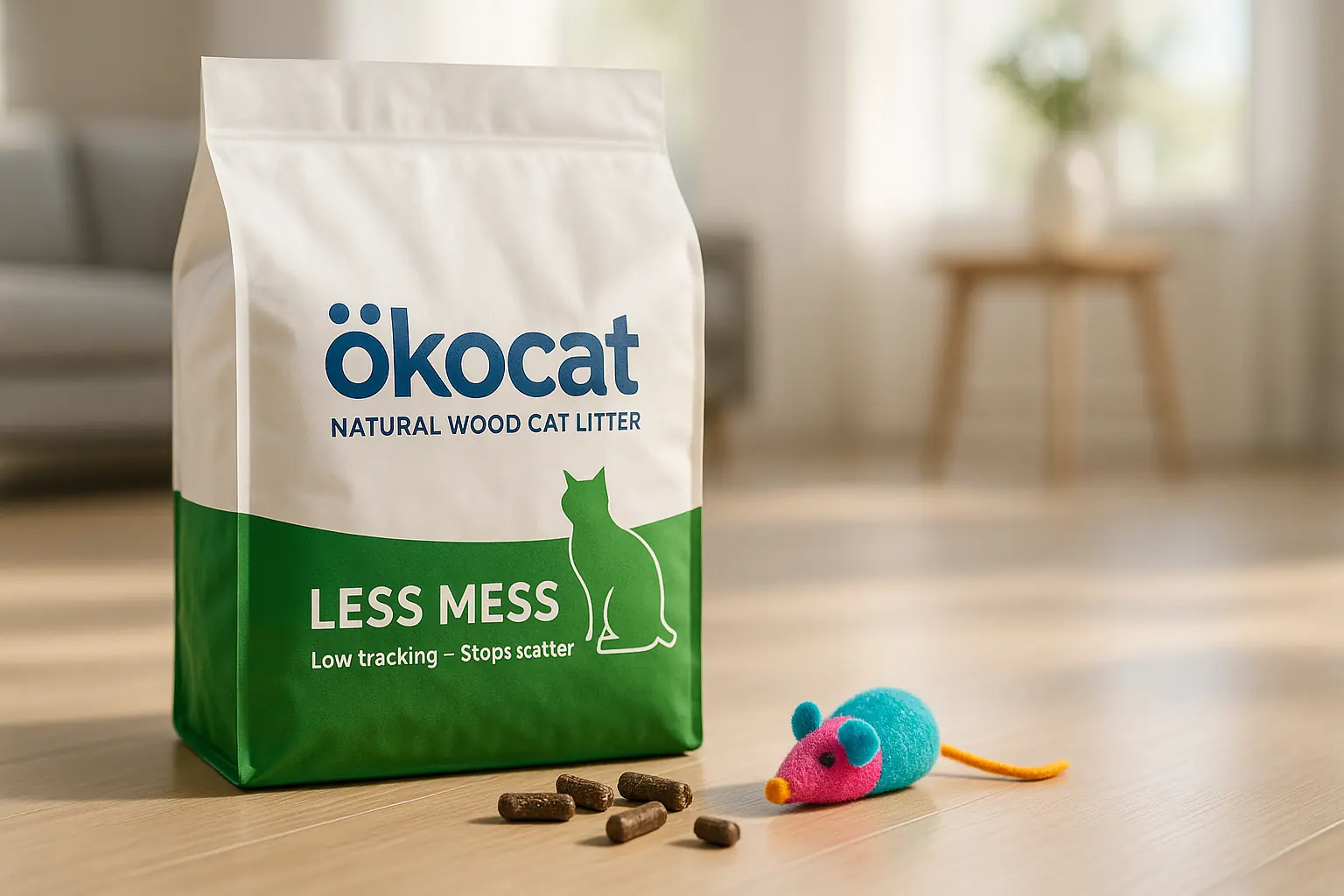 Ökocat 'Less Mess' packaging beside a cat toy and a few stray litter pieces, showing real-world use.