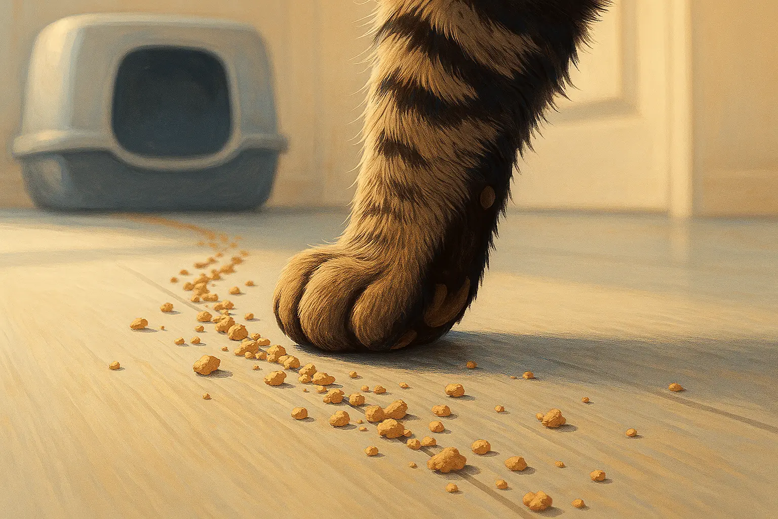 Stylized cat paw leaves a faint trail of Ökocat wood crumbles exploring a clean floor, away from the litter box.