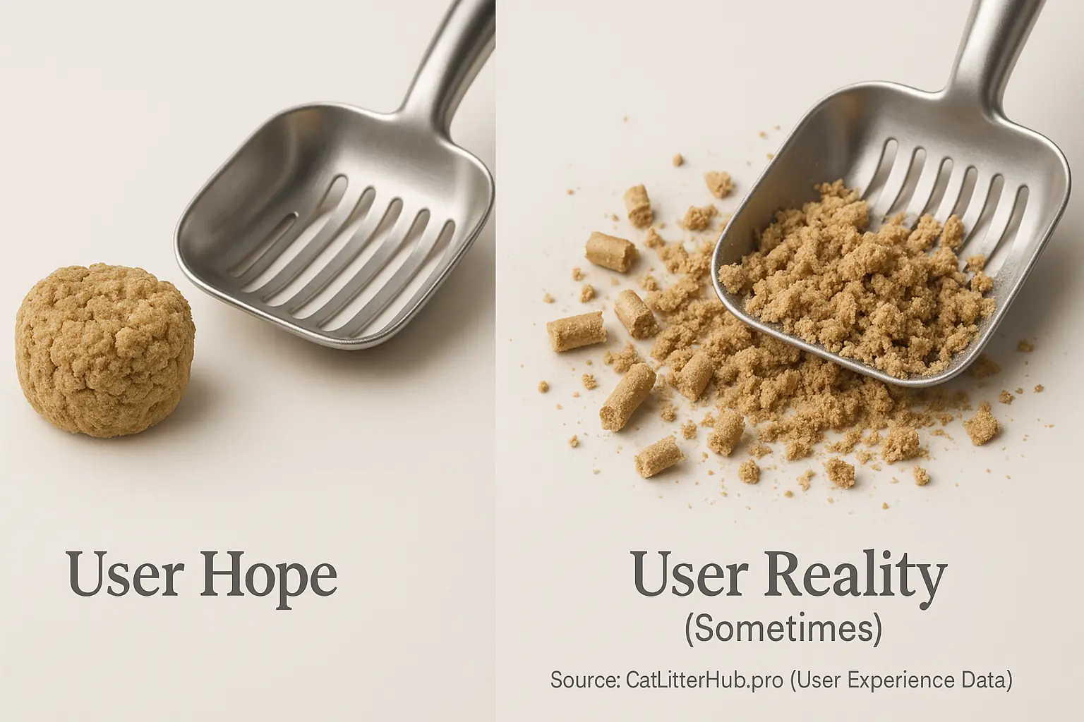 Easy-scoop wood litter clump (User Hope) vs. crumbled, messy one (User Reality Sometimes), showing clumping quality.