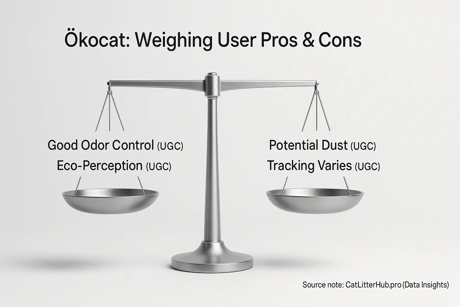 Balance scale weighing Ökocat UGC: Pros (good odor control, eco-perception) vs Cons (potential dust, tracking varies).