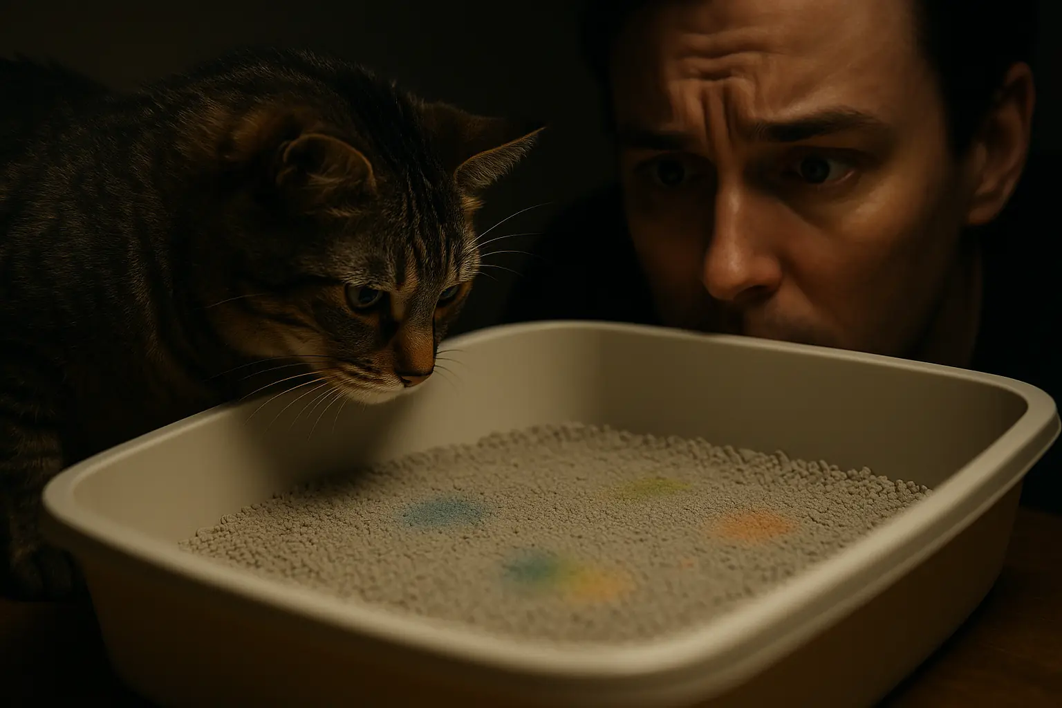 Cat curiously eyes litter box with ambiguous color spots; owner watches with mixed hope and concern.
