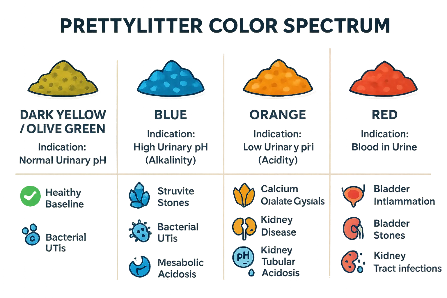 PrettyLitter color chart (blue, green, yellow, orange, red) with icons showing claimed health issue for each color.
