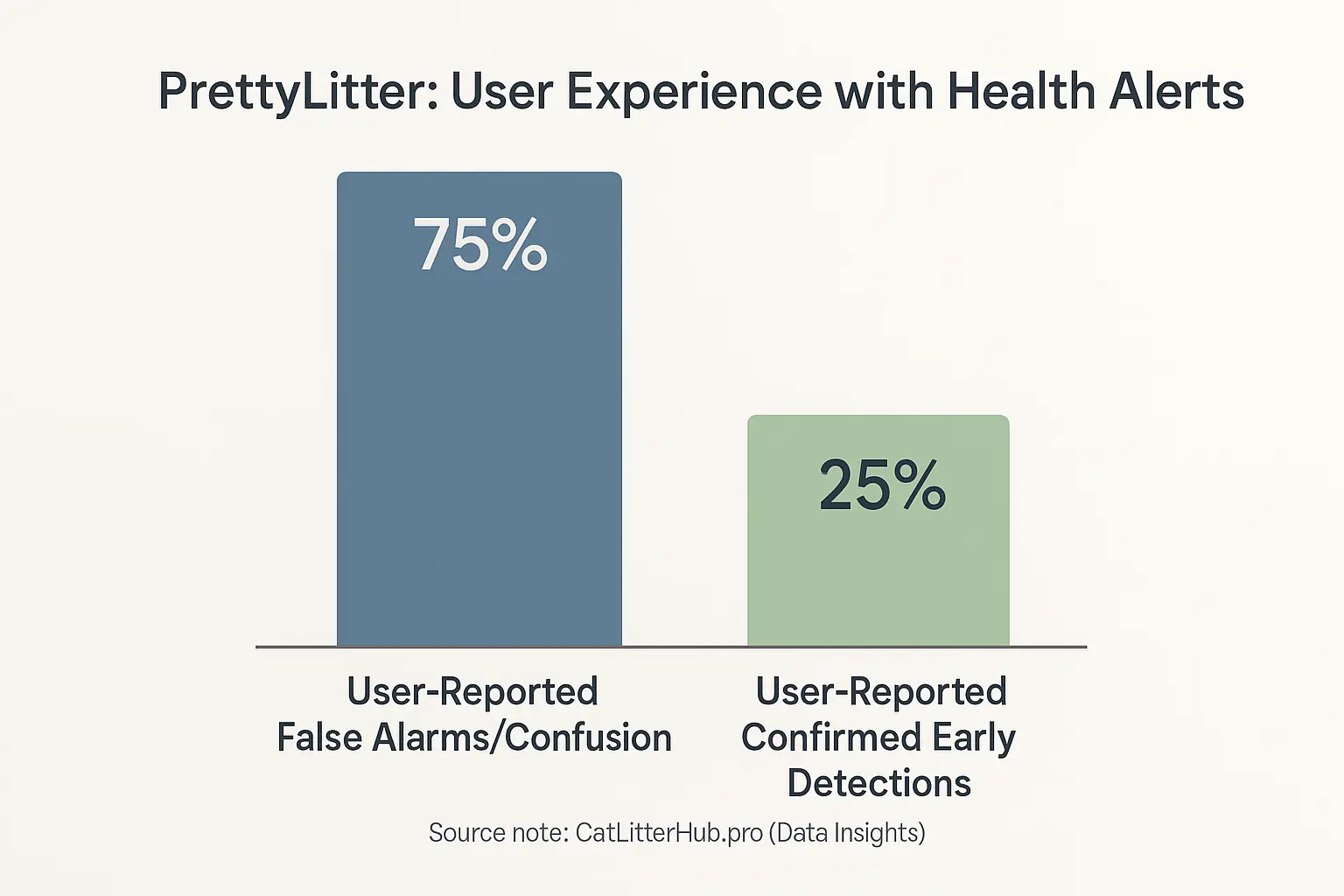 Bar chart: PrettyLitter users report far more false alarms/confusion than confirmed early detections.