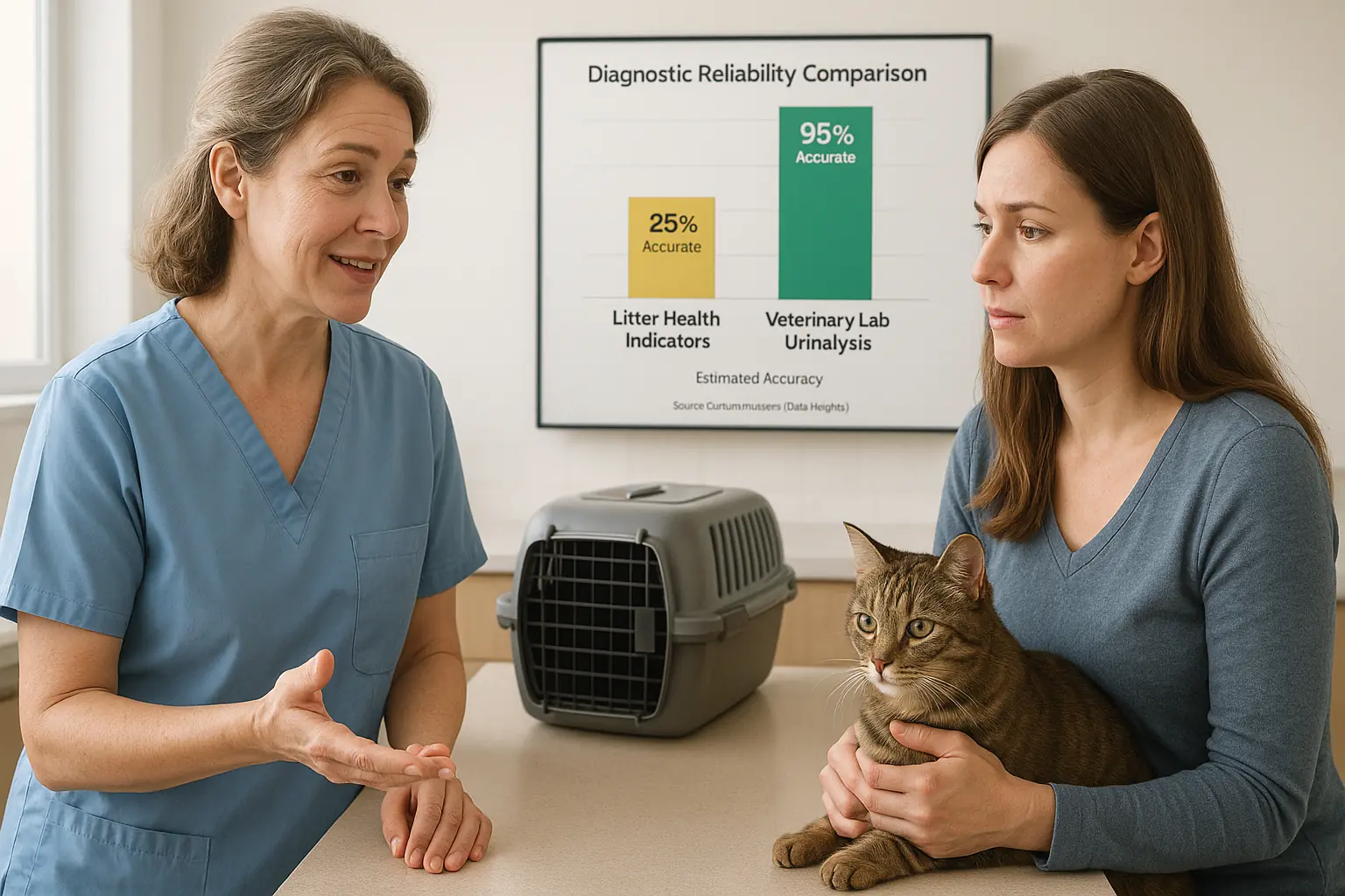 Vet gently explains cat health to owner; background chart/microscope symbolize expert veterinary assessment.