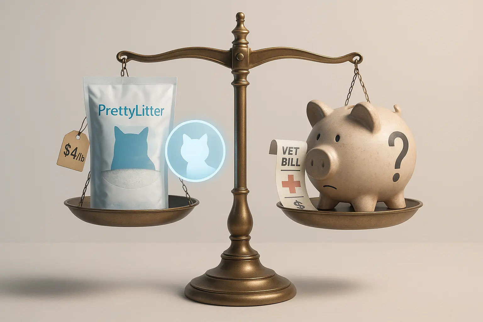 Balancing scale compares PrettyLitter & peace of mind icon to piggy bank with '?' & vet bill icon.
