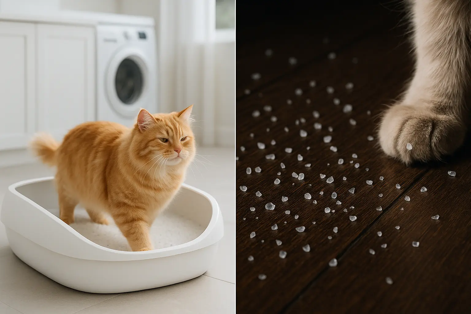 Split image: Cat happy in clean PrettyLitter box; tiny crystals tracked from it.