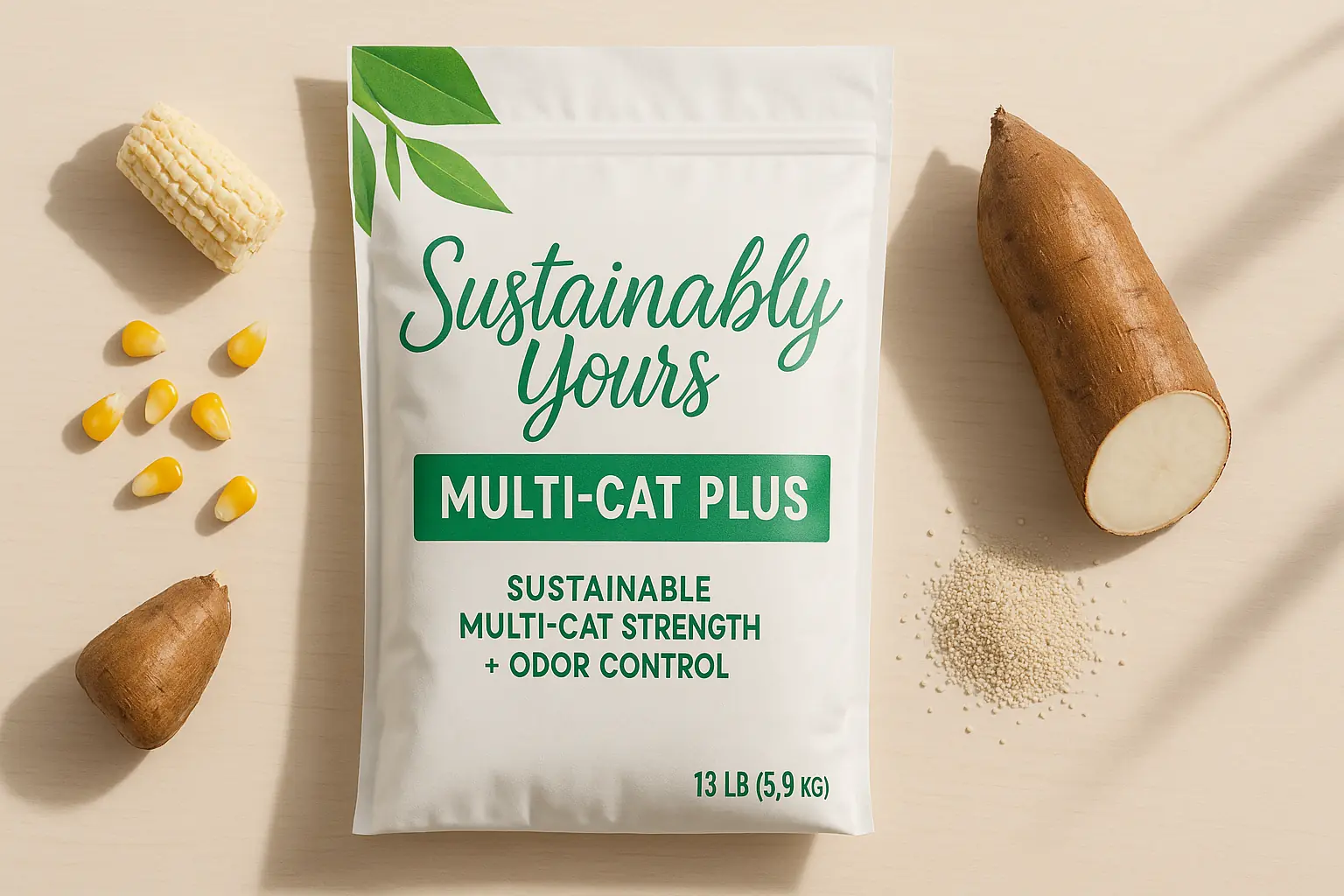 Sustainably Yours Multi-Cat Plus bag with its natural ingredients: corn cobs, cassava root, and clean litter granules.