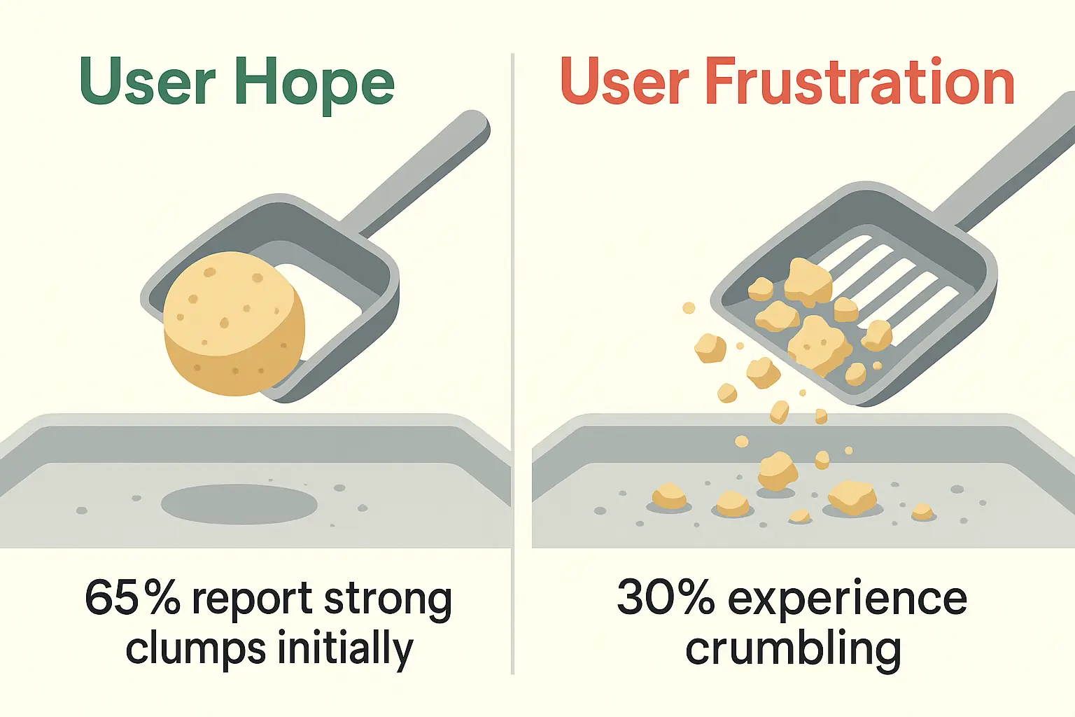 Side-by-side: Perfect hard clump (User Hope) vs. crumbled messy (User Frustration). 65% strong initially, 30% crumble.