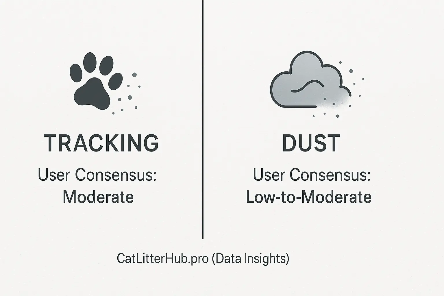 Graphic: Paw prints icon for Tracking (Moderate user rating); dust cloud icon for Dust (Low-to-Moderate user rating).