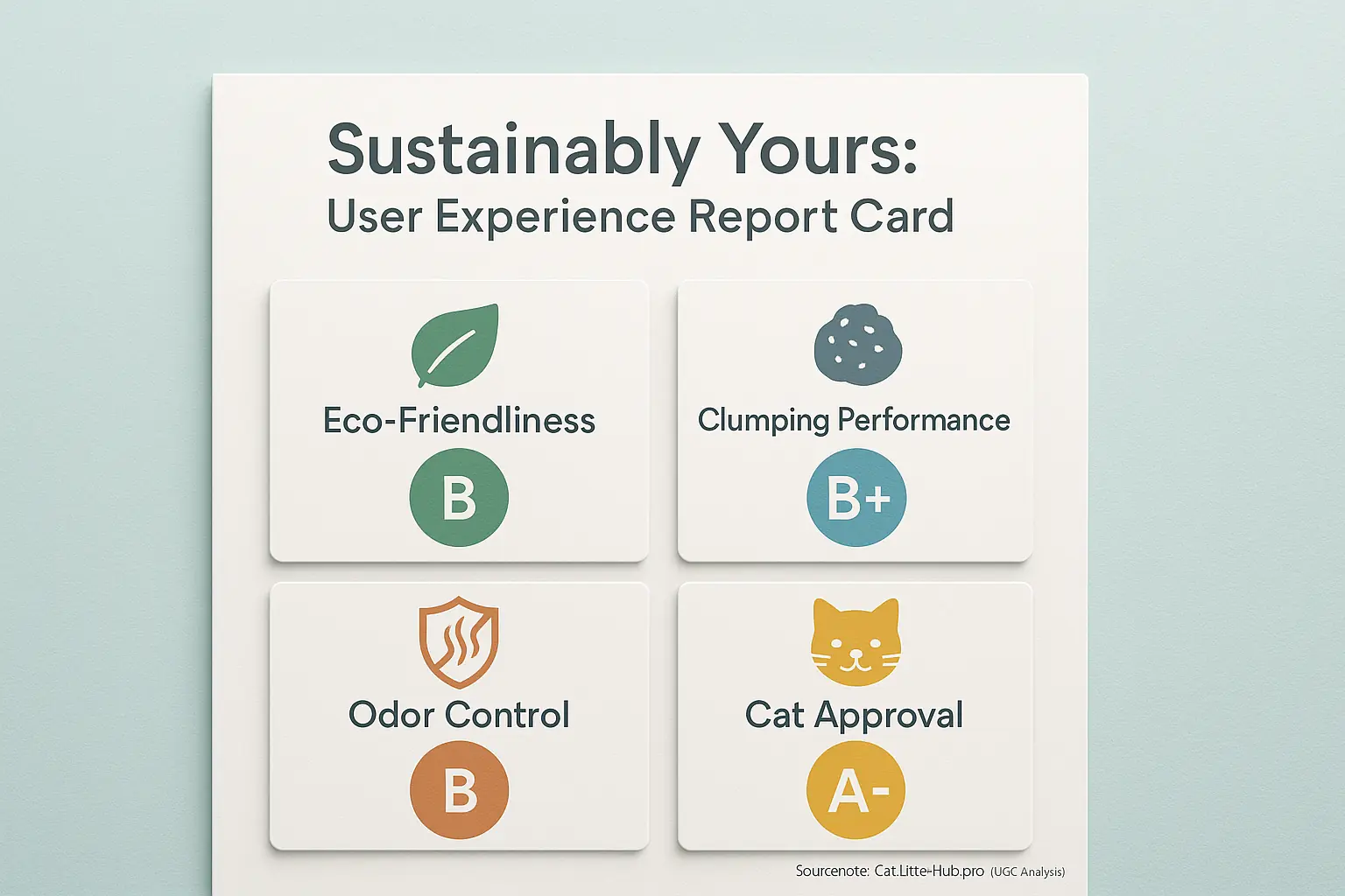 Sustainably Yours report card: Letter grades for Clumping, Odor, Eco, and Cat Approval.