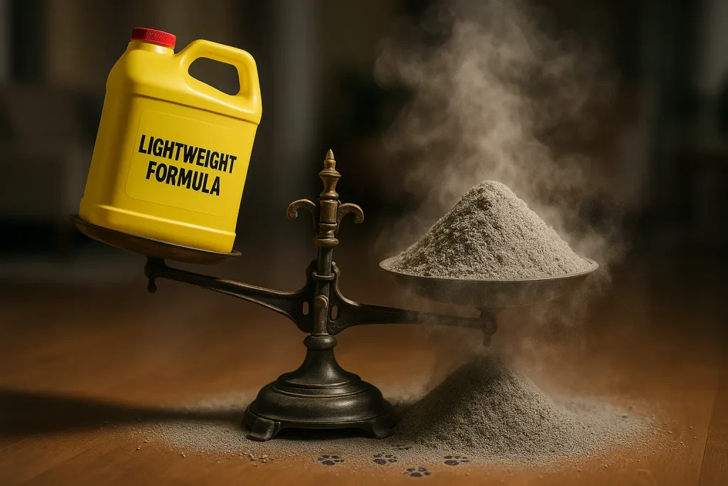 Scale showing lightweight Tidy Cats jug heavily outweighed by a messy pile of tracked litter and a prominent dust cloud.