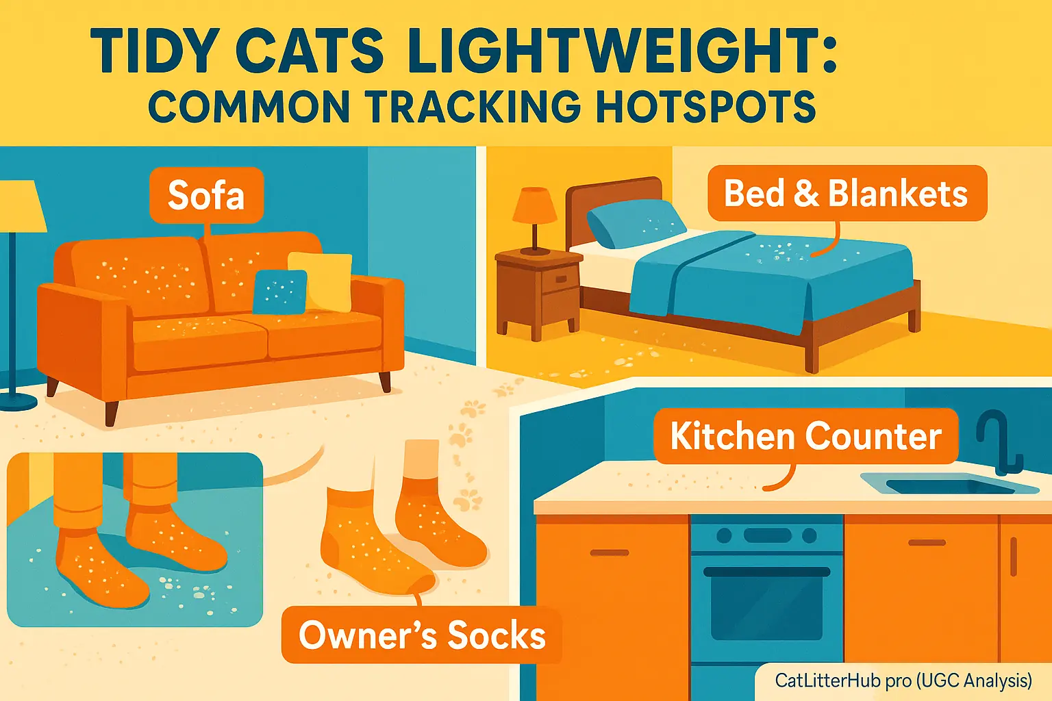 House layout infographic highlights Tidy Cats Lightweight litter hotspots: sofa, bed, kitchen counter, owner&#x27;s socks.