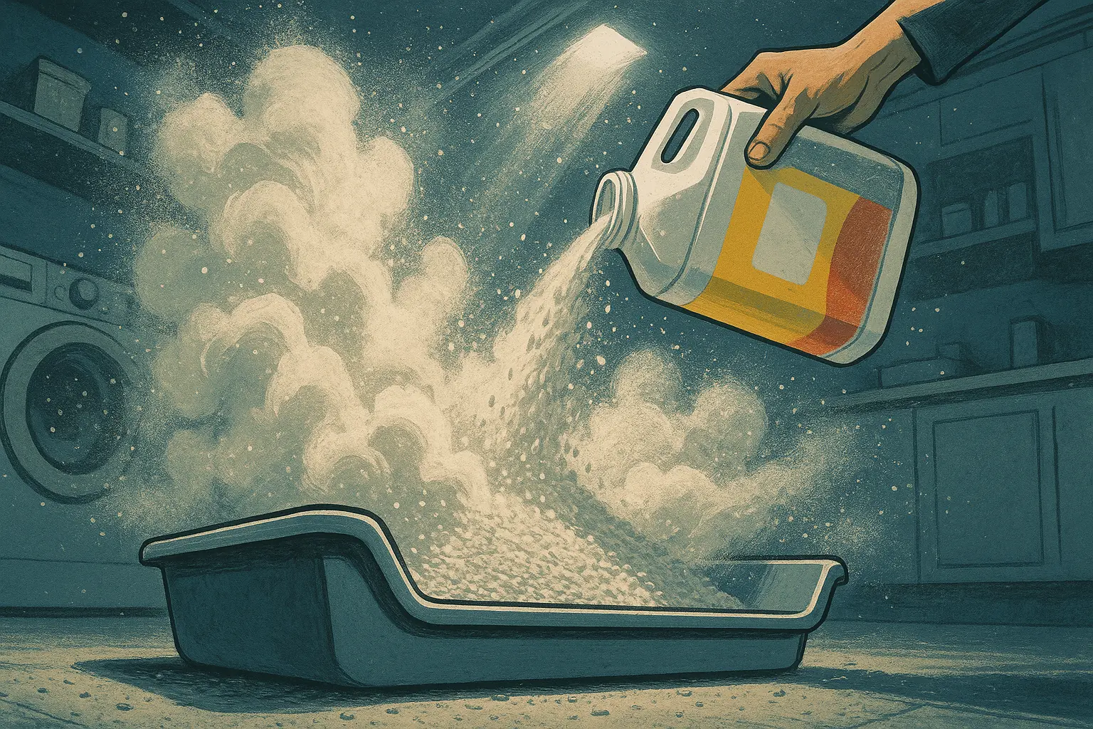 Stylized cat litter box emitting an exaggerated dust cloud, illustrating Tidy Cats Lightweight litter&#x27;s &#x27;Dust Bowl Effect&#x27;.