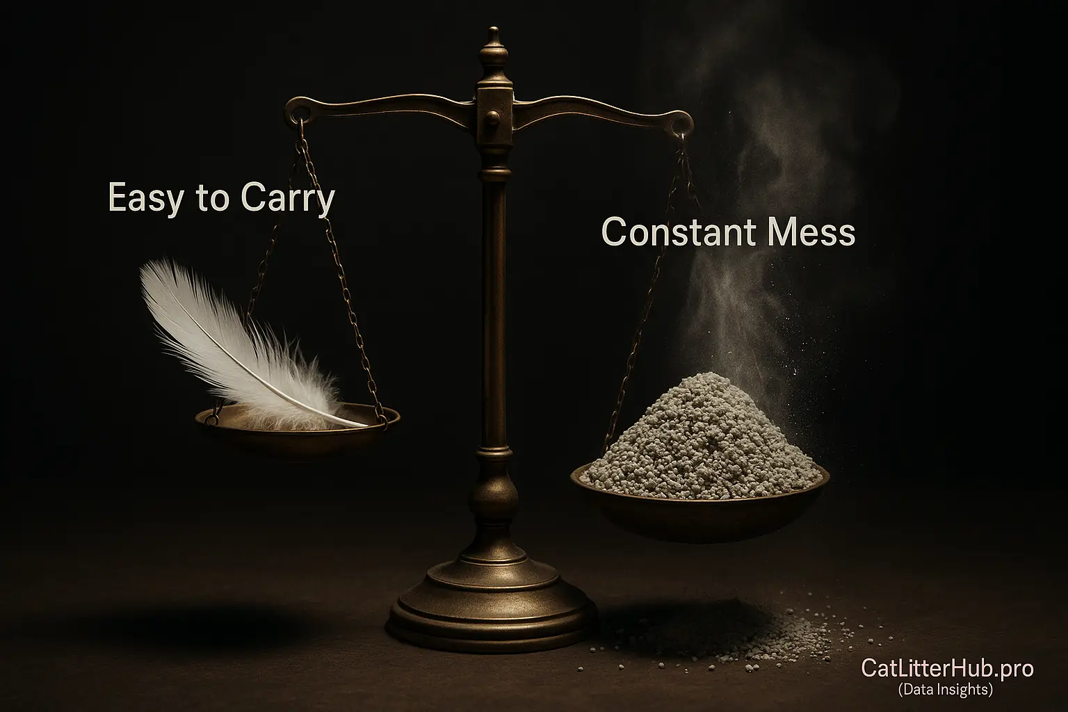 Balance scale: &#x27;Easy to Carry&#x27; feather heavily outweighed by &#x27;Constant Mess&#x27; of litter and dust.