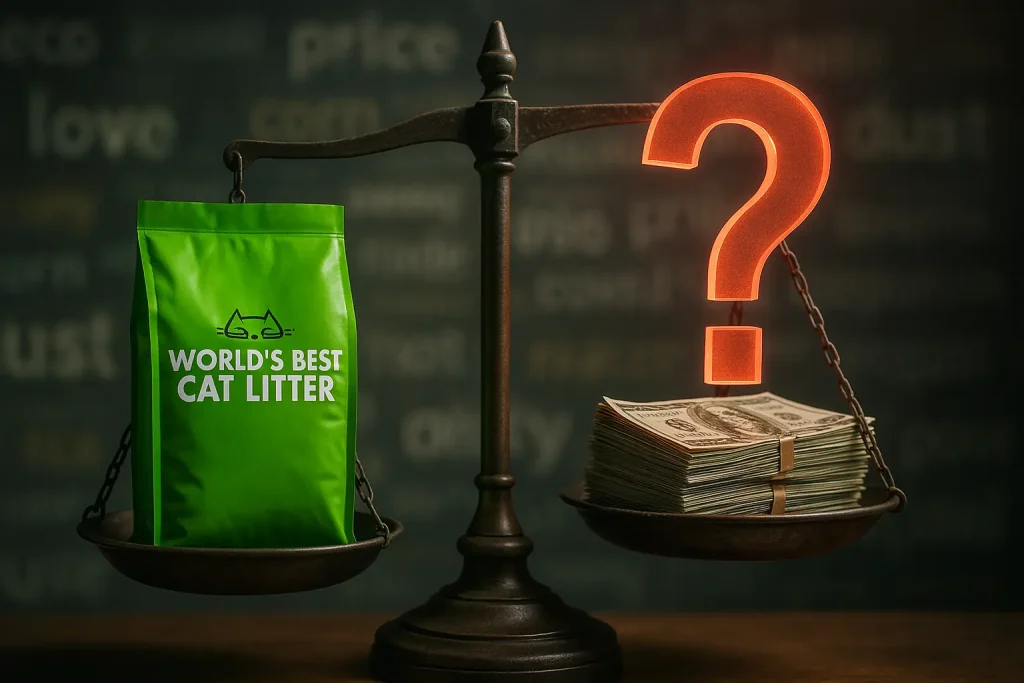 Scale balances World's Best Cat Litter against money & question mark; background reviews hint at cost-value debate.